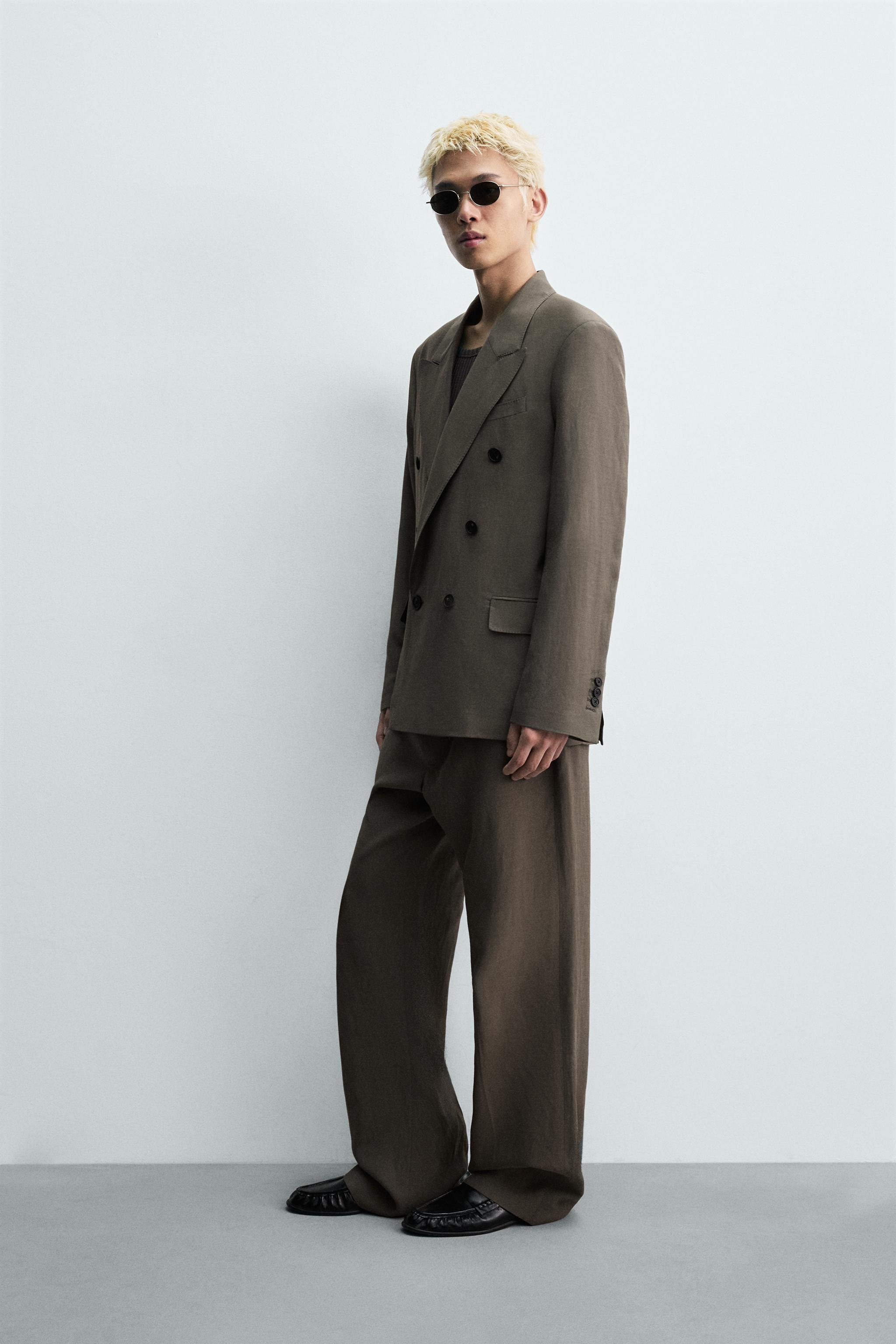 DOUBLE-BREASTED VISCOSE - LINEN SUIT BLAZER